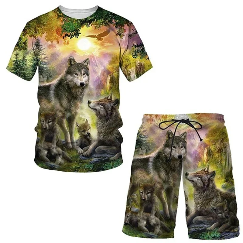 Fashiona summer men's round neck T-shirt set Forest Wolf 3D printed T-shirt shorts set Unisex casual sports short sleeved suit