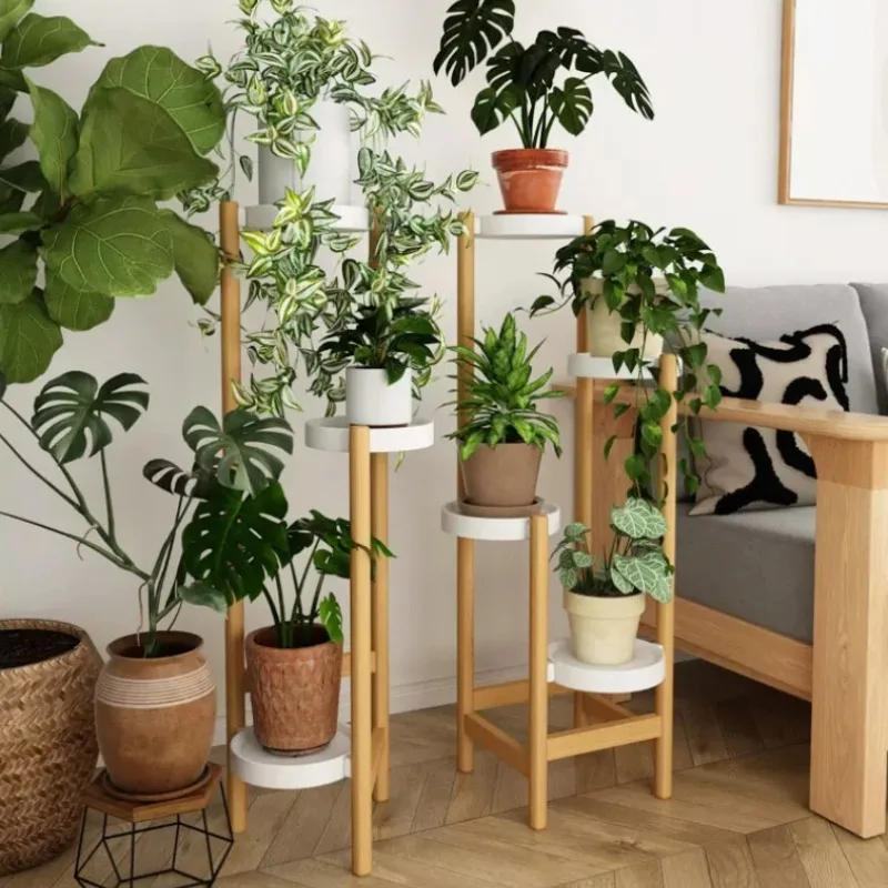 Nordic Log Style Plant Shelves Corner Multi-Tier Flower Pot Shelf for Living Room Home Decoration Indoor Green Plant Storage