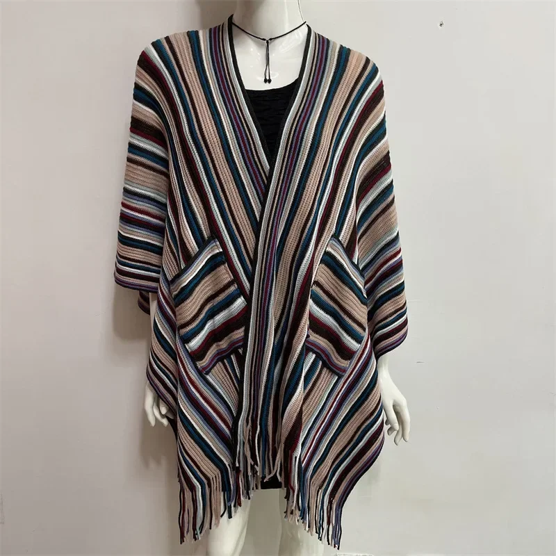

2025 spring Autumn Imitation Cashmere Big Fork Shawl Men Women European American Scarf Stripe Pocket Cloak Shawl Pink