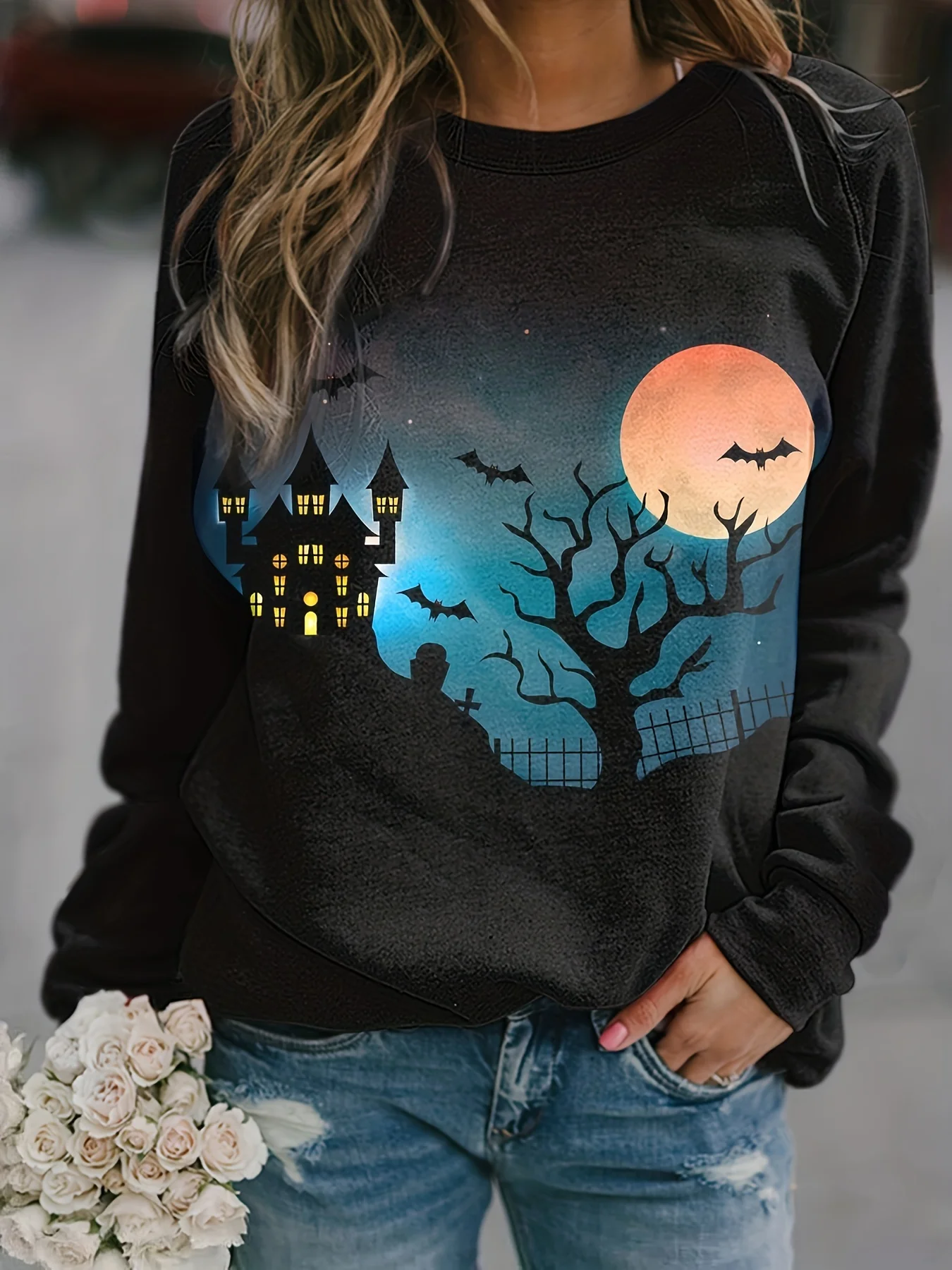 Women's Casual Fashion Round Neck Western Ethnic Style Retro Pumpkin Print Sweatshirt
