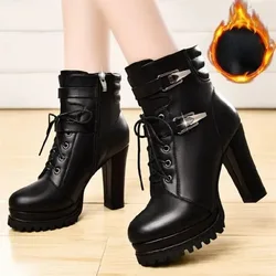 Autumn Winter Boots for Women Plus Velvet High Heels Soft Leather Heels Boots Zipper Metal Buckle Strap Boot Female Botas Altas