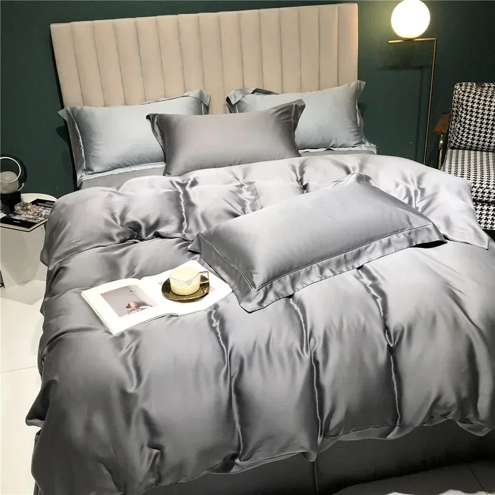 Luxury 100% Silk Dark Gray Bedding Set Healthy Skin Duvet Cover Bed Linen Pillowcase Flat Sheet Or Fitted Sheet Set