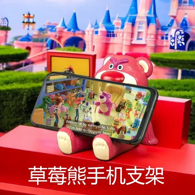 10cm Disney Toy Story Lotso Mobile Phone Holder Cute Anime Figure Strawberry Bear Desktop Ornament Children's Toy Birthday Gifts