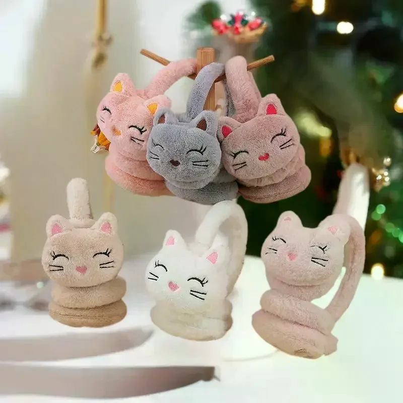 韓国版 秋冬用ぬいぐるみ暖かい耳あて、ぬいぐるみのかわいい漫画猫耳あては寒さから耳を守ります