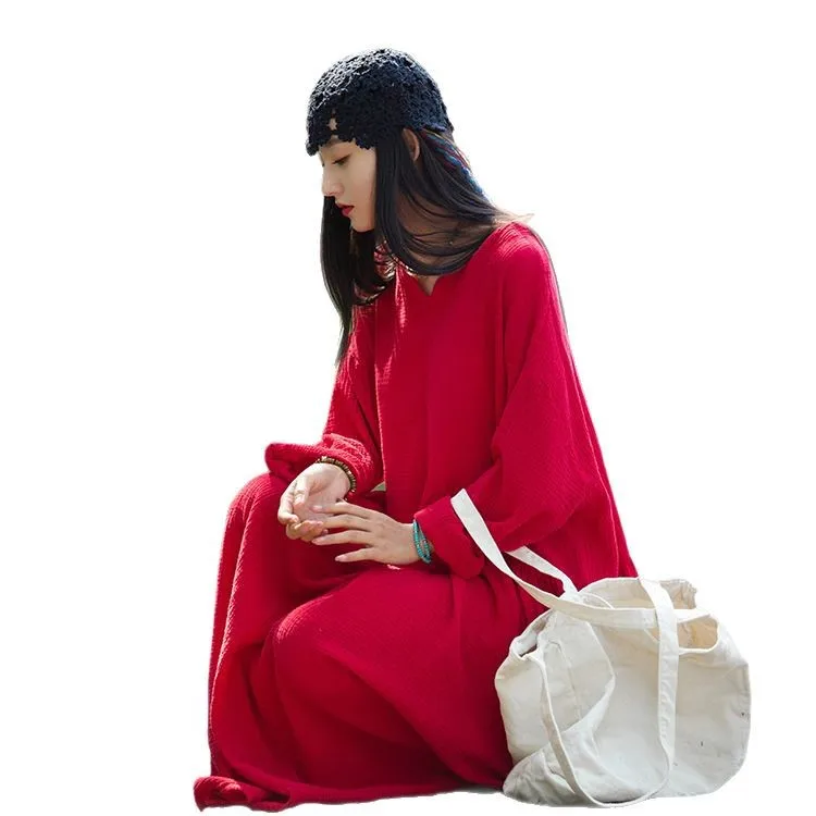 Herfst/winter linnen getextureerde gelaagde maxi-jurk met V-hals: losse boho-stijl