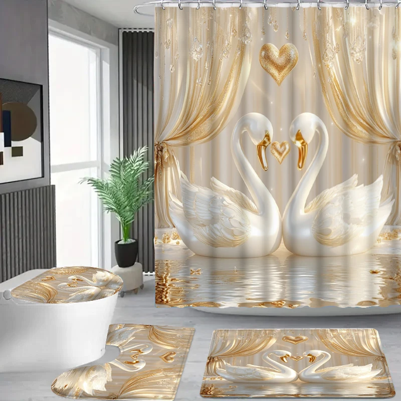 1 or 4 Piece Gold 3D Swan Shower Curtain Set - Creative Bathroom Decor with Rugs - Washable Fabric Curtain and Toilet Lid Cover