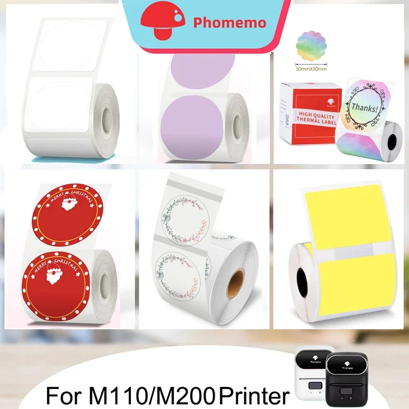 Phomemo M110/M200 Portable Label Printer Self-Adhesive Thermal Paper for Transparent Round and Square Barcode Label Stickers