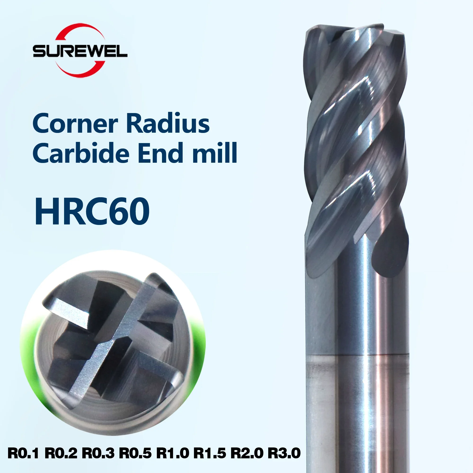 HRC60 4 ขลุ่ยมุมรัศมีเครื่องตัดคาร์ไบด์ที่มีประสิทธิภาพสูง Bull Nose Endmill การประมวลผลสแตนเลสไทเทเนียม