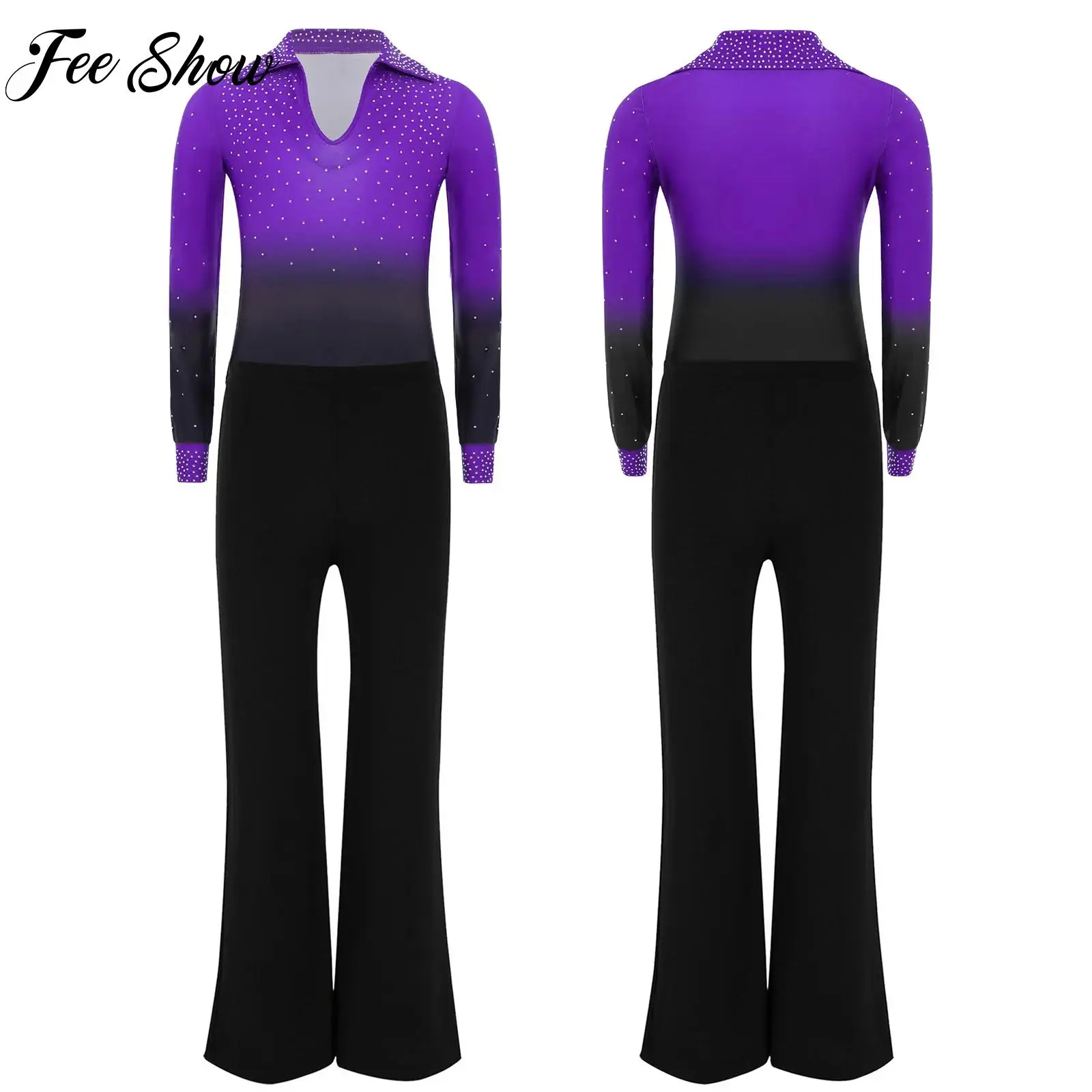 

Kids Boys Rhythmic Gymnastics Ballet Latin Dance Outfits Long Sleeve Rhinestones Figure Ice Skating Stage Performance Dancewear