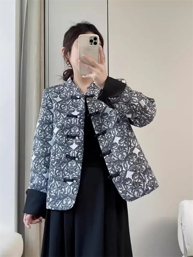 

Chinese Style Jacket For Women's Spring Autumn 2024 New Button Up Stand Collar Jacquard Coat Fashion Temperament Retro Top K243