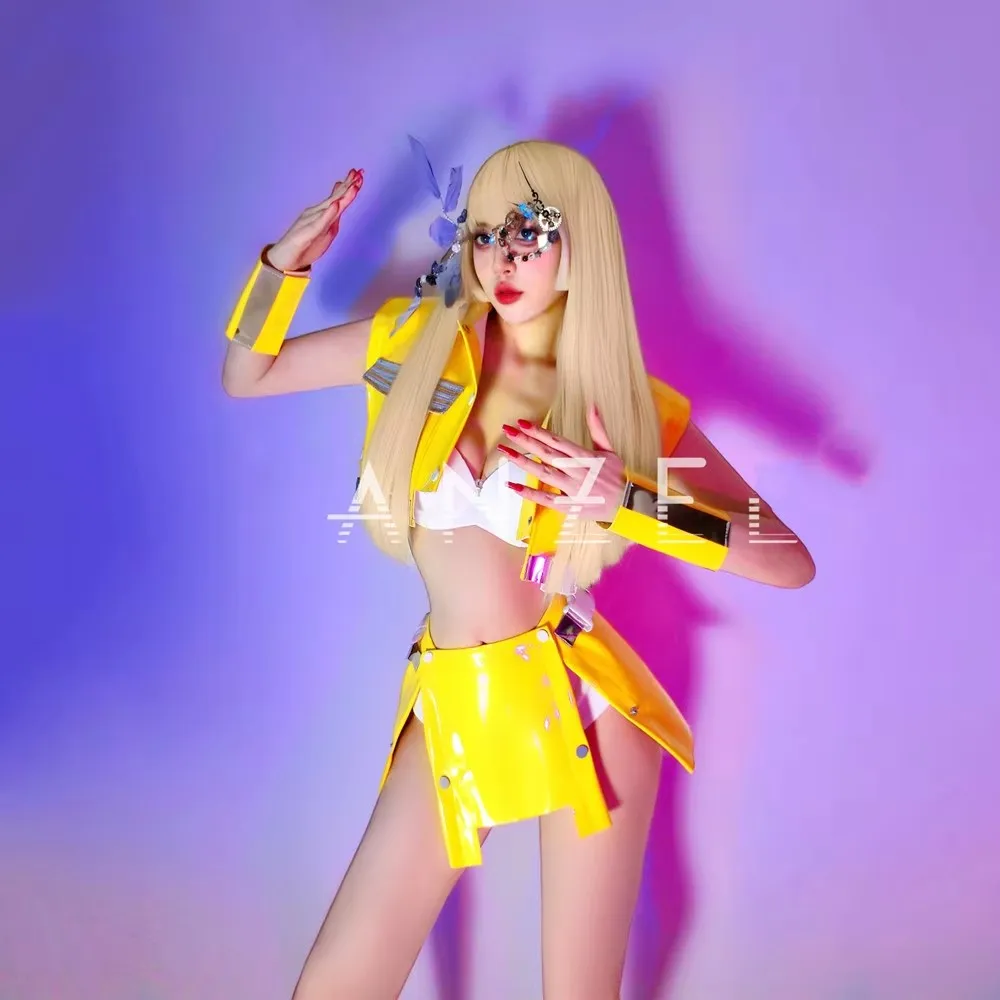 Damesrok en topset Geel Lasergesneden dansteamkostuum Sexy Jazz Girl Group Nachtclub Podium Gogo Performance Rave Outfit