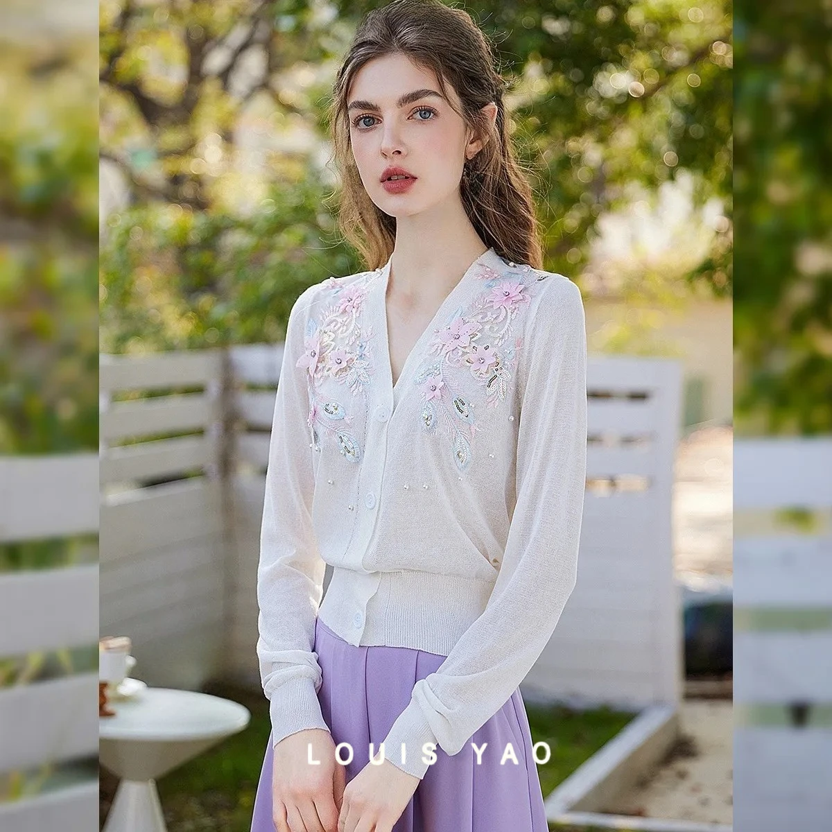 

LOUIS YAO, новый кардиган с вышивкой из бисера, весна 202, литературный элегантный женский трикотаж с v-образным вырезом и длинными рукавами, стильный топ Mori Girl