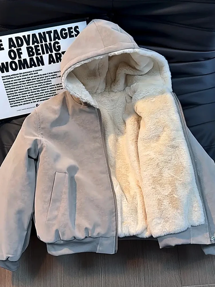 

Men's Winter Thiened Warmth Fce Lined Hooded Cotton Jaet Retro American Sle Cleanfit Leather Cotton Coat Zipper Decor