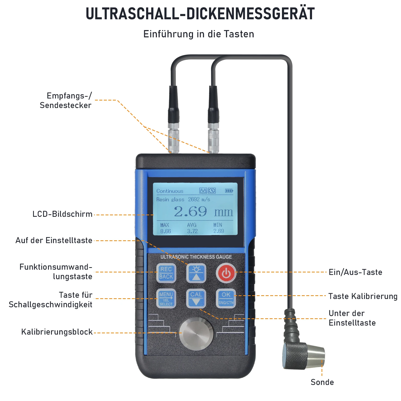Imagem -04 - Holdpeak Digital Ultrasonic Espessura Medidor Pintura Espessura Tester para Metal Vidro Pvc Acrílico T9130s 1.0350 mm