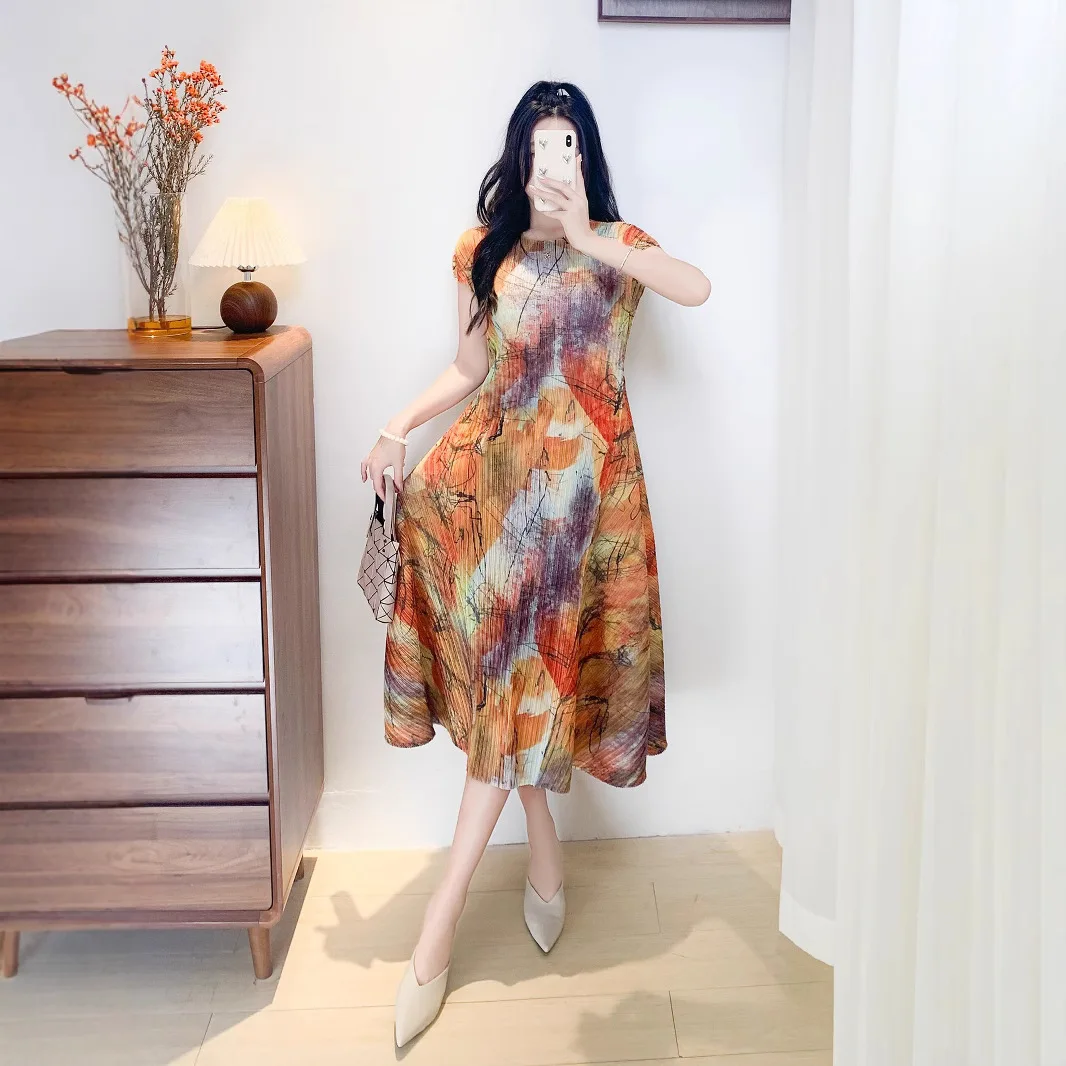 

Printed Round Neck Short Sleeve Women's Dress Miyake 2025 Summer Fashion Casual Versatile Design Loose Large Size A-line Dresses