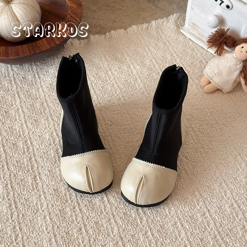 Brand Design Black White Elastic Boots Kid Girls Winter Warm Plush Round Toe Back Zipper Flat Boots Baby Child Short Ankle Botas