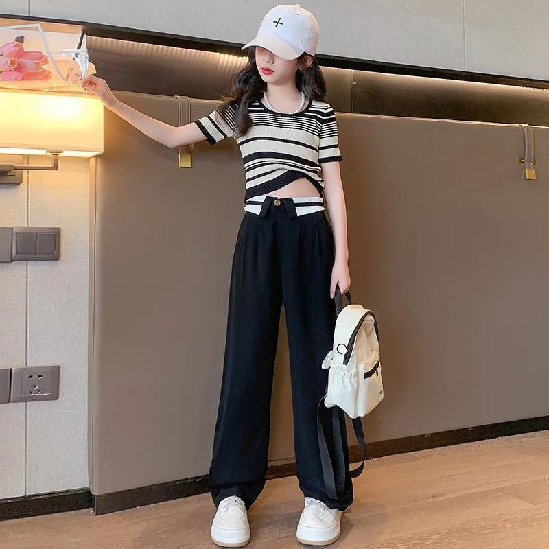 Girls Summer Casual Set Kids Spring Fashion Suits Children Striped T-Shirt+Wide Leg Pants 2Pcs 2024 New Teenager Trends Clothing