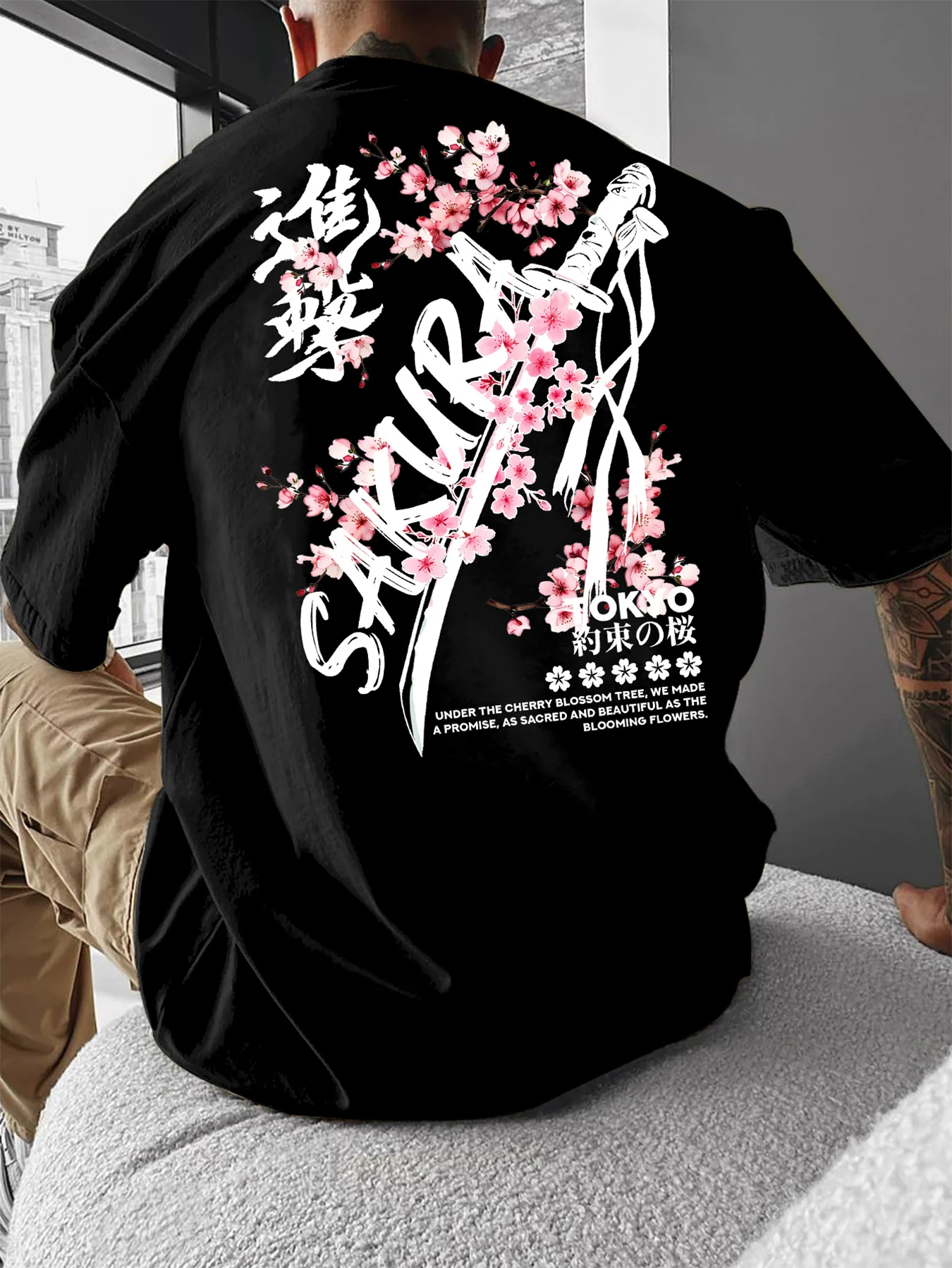 Men's New Summer T-shirt with Purple Flower Samurai Sword Pattern Suitable for Daily Wear 100% Pure Cotton Material Versatile