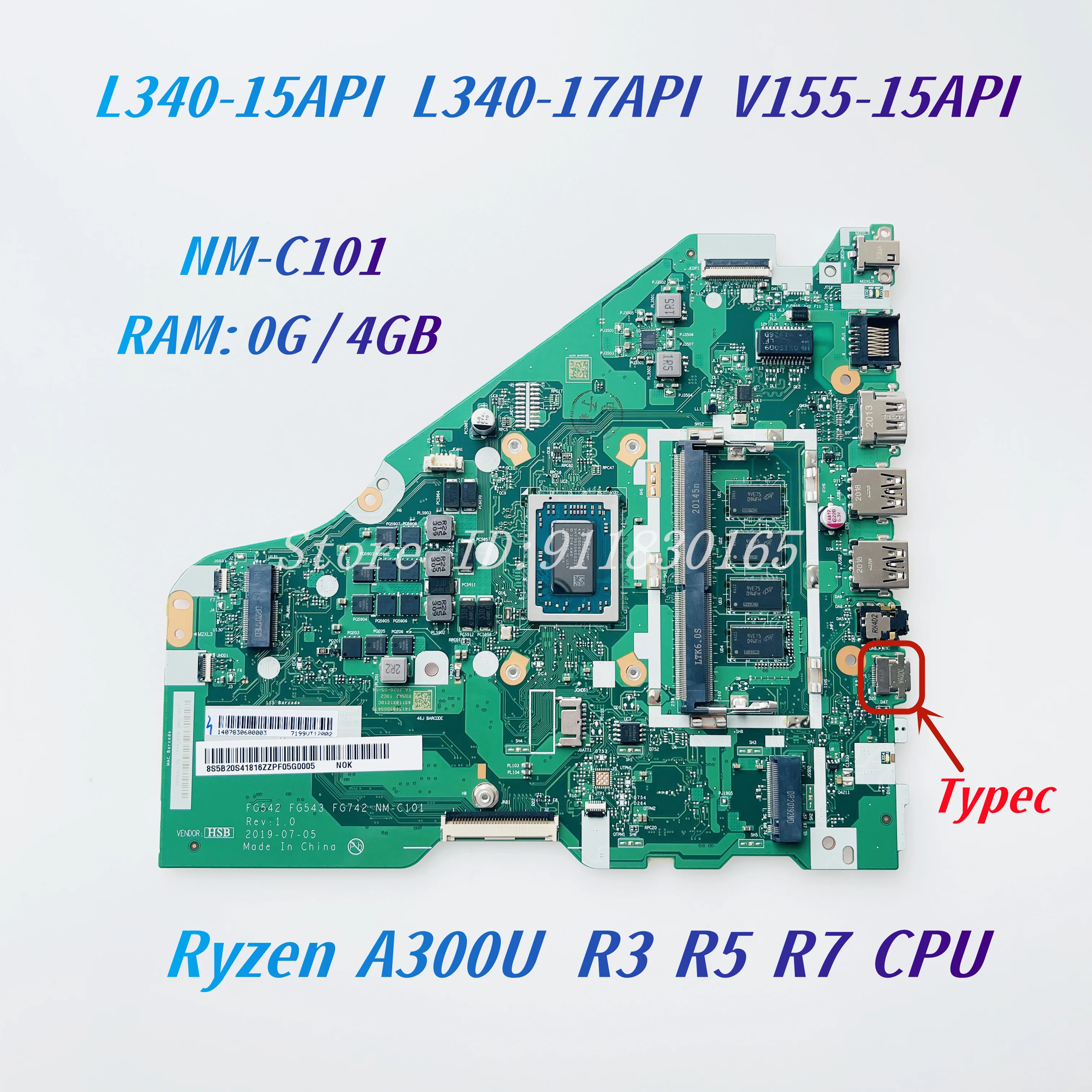 For Lenovo Ideapad L340-15API L340-17API V155-15API laptop motherboard With AMD R3 R5 R7 CPU RAM 4G FG542 FG543 FG743 NM-C101