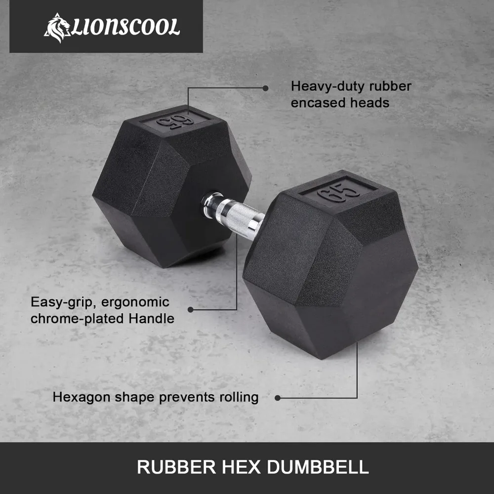 Rubber Encased Hex Dumbbells in Pairs or Single，Hand Dumbbell Weight with Metal Handle for Strength Training，65lbs Freight free