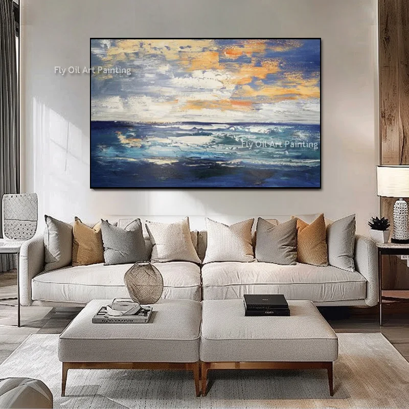 Abstract Coastal Landscape Hand Painted Oil Painting, Heavy Texture Sunset Clouds & Rolling Sea Waves Canvas Wall Decor Art