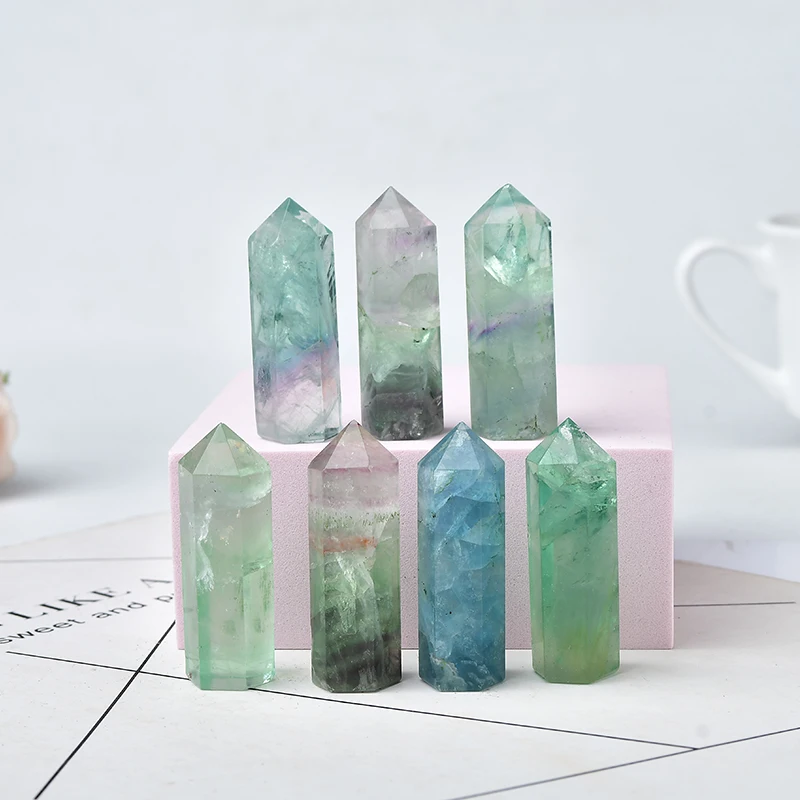 1PC Natural Fluorite Stone Hexagonal Column Cryatal Point Healing Wand Tower Mineral Quartz Home Decoration Stone DIY Gift