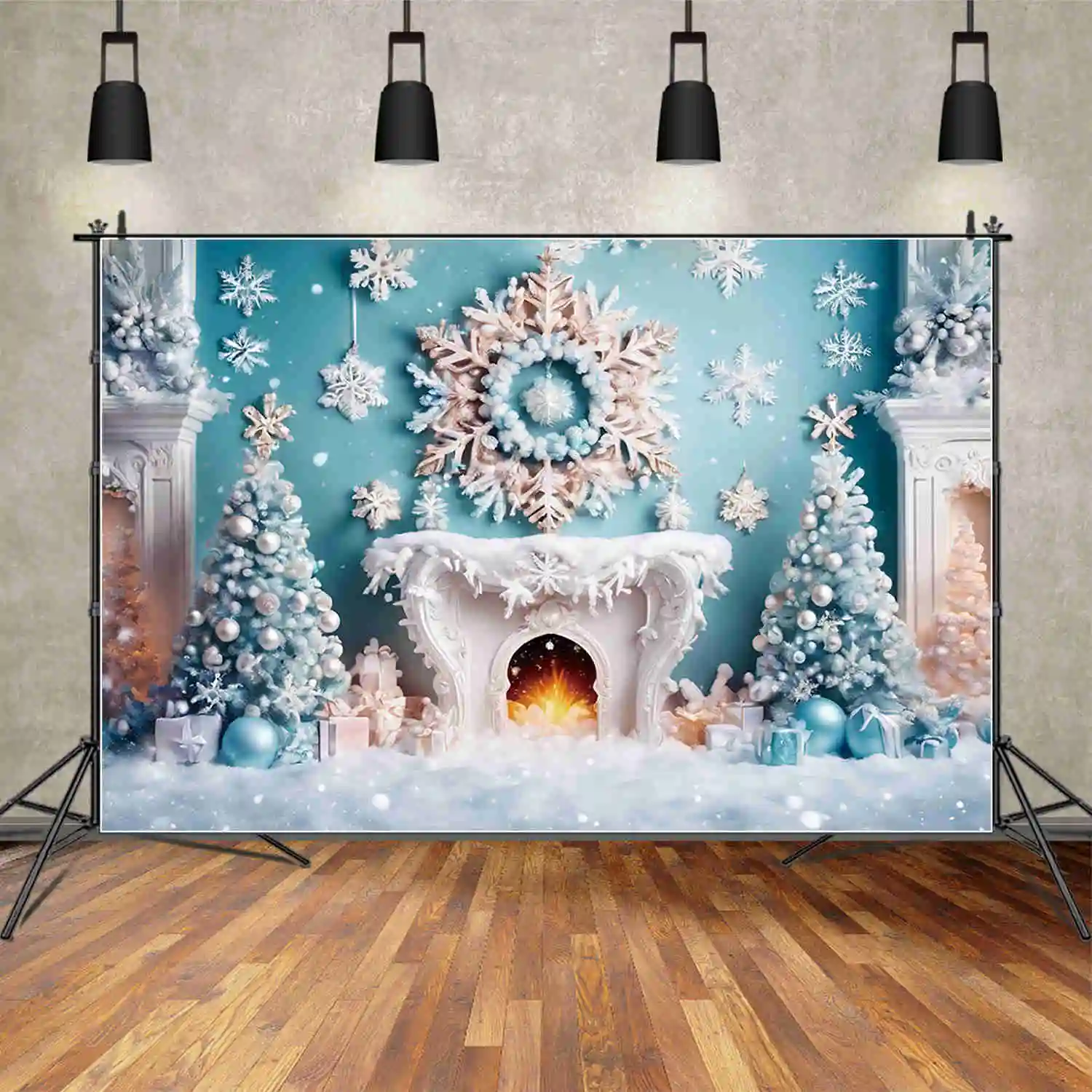 

MOON.QG Christmas Tree Blue White Backdrops Western Fireplace Living Room Gift Chair Background Party Decoration Photozone Props