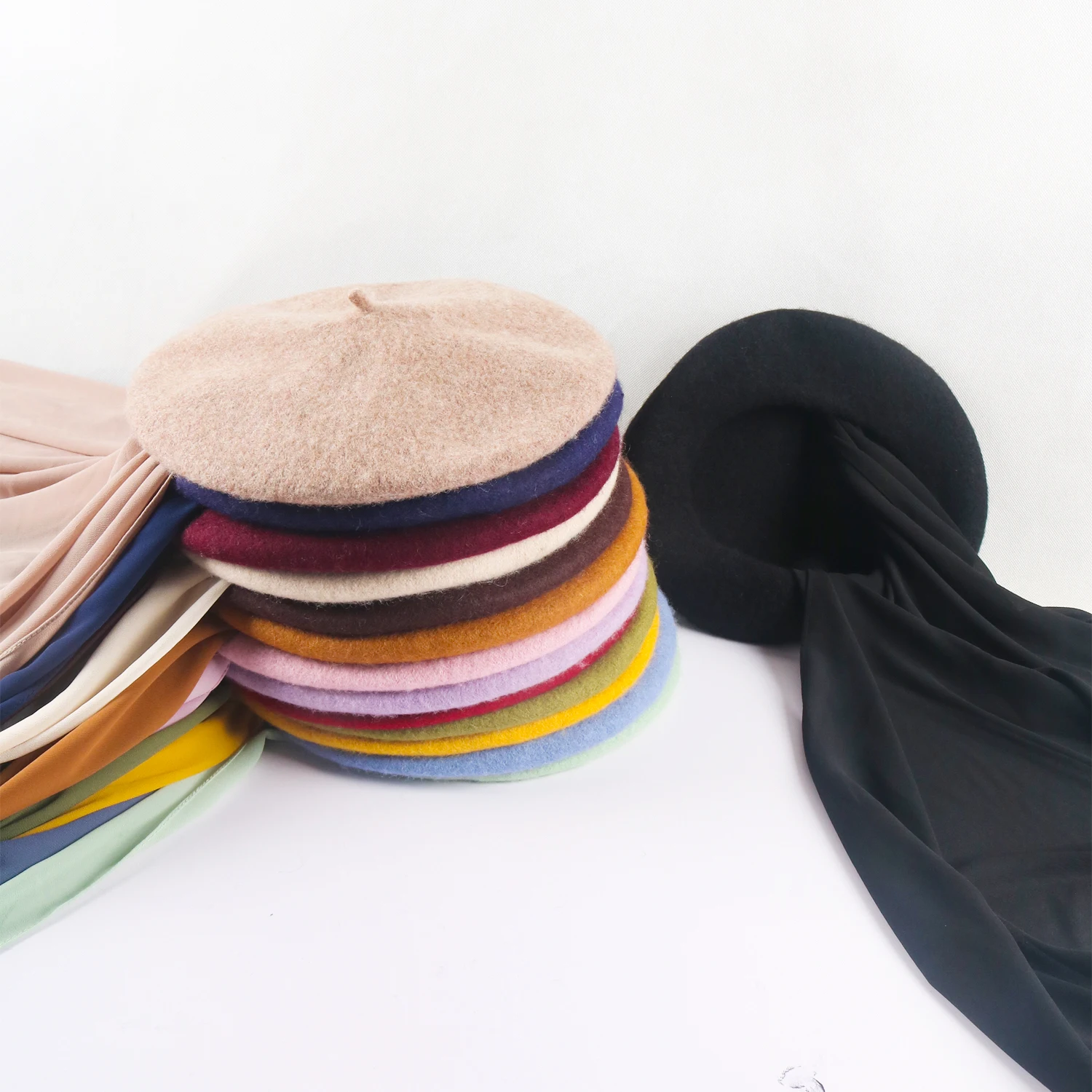 Musilm-Chapeaux de béret de style français pour femmes, Hijab en mousseline de soie, Chapeau plat de baret, Hijabs instantanés en mousseline de soie