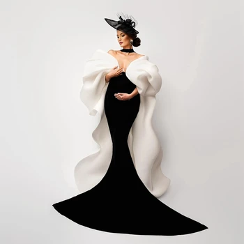 2024 Fashion Satin Mermaid Pregnancy Dress Puff Long Sleeves Elegant Ruffles Spandex Maternity Dresses For Photo-shoot