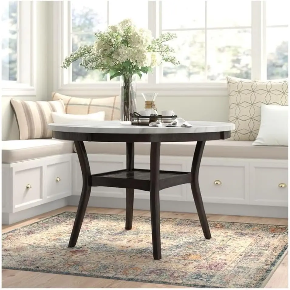 Furniture Celeste Faux Marble Round Dining Table, 48-Inch, Espresso