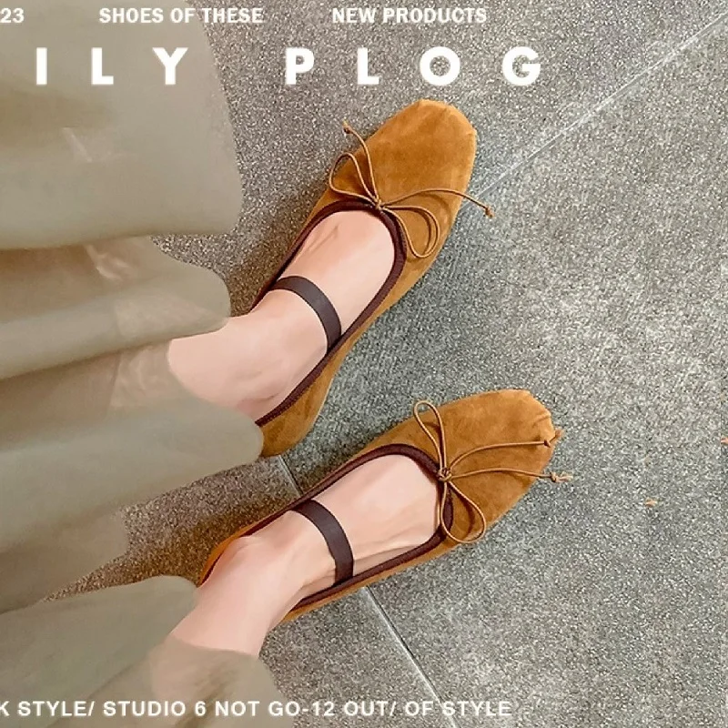 Basic Daily Flat Shoes Woman Round Toe Ballet Flats Elegant Bowtie Low Heel Walk Shoes Korea Style Soft Sheepsuede Driving Flats