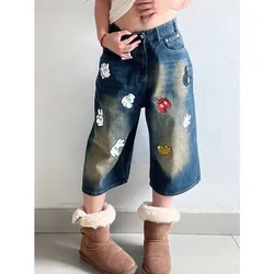 Disney Mickey Mouse Wide Jeans High Waist Cartoon Capri Trousers Casual Streetwear Calf-Length Pants Women Vintage Denim Pants