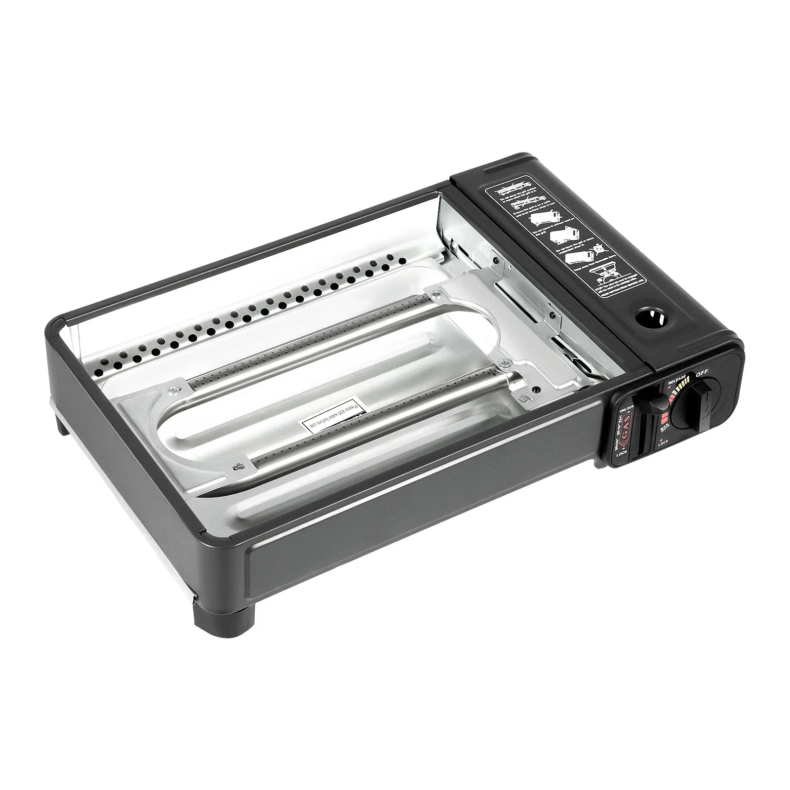 Tragbarer Gasgrill, Dual-Fuel Outdoor-Kocher mit LPG-Tank & Butanbehälter-Adapter, Einstellbare Wärmestufe Campingkocher für Reisen, Trekking, Picknick, Komplettes BBQ-Set mit Ölwanne & Aufbewahrungskoffer – Detail 2