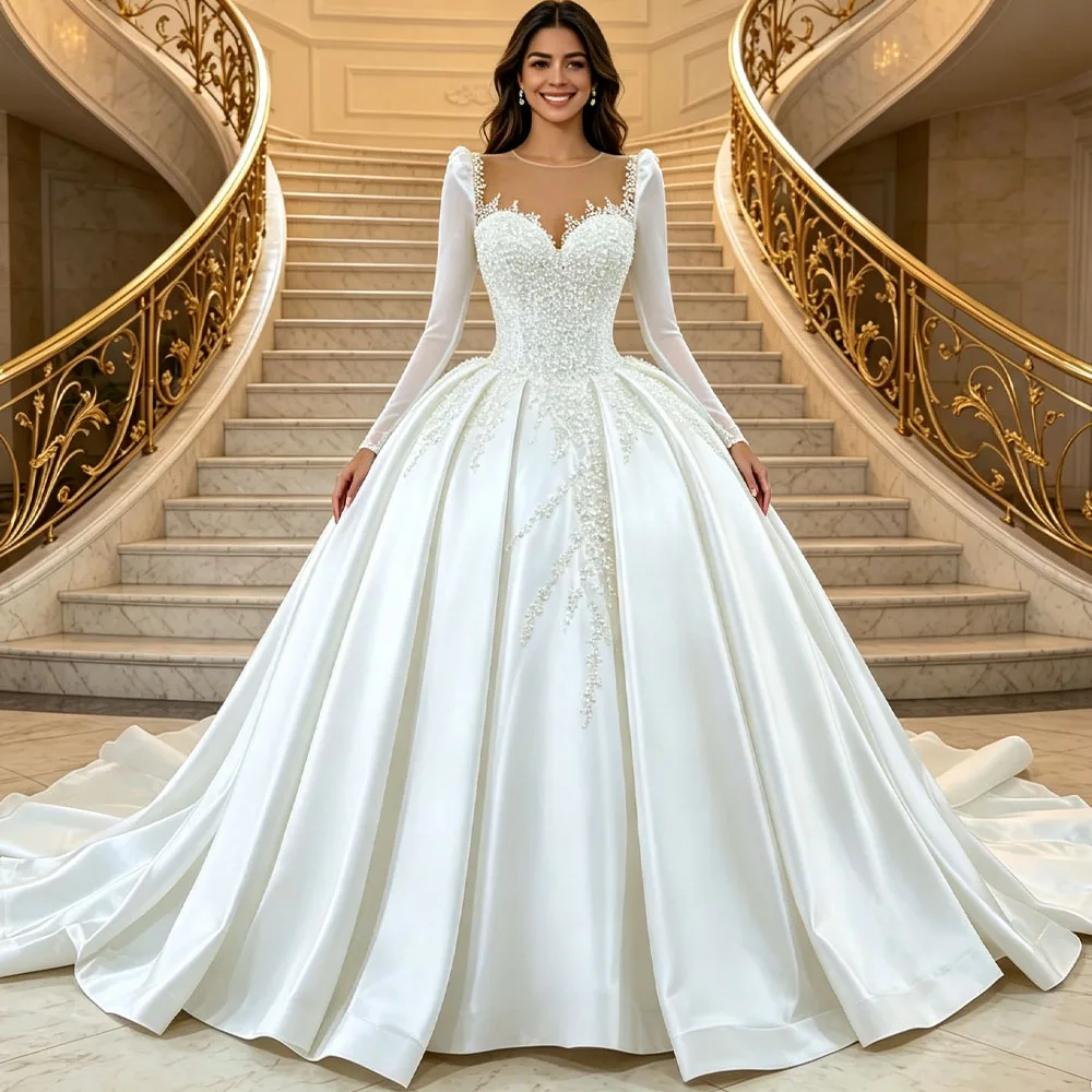 Gorgeous O Neck Long Sleeve Lace Up Back Wedding Dress Sequined Beading Customized Ball Gown Robe Mariage Femme