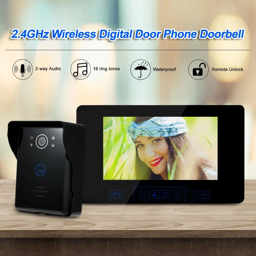 Home 2.4GHz Wireless 7\'\'Touch Key Screen Video Door Phone Intercom Access Control System Doorbell Built-in Battery Night Vision