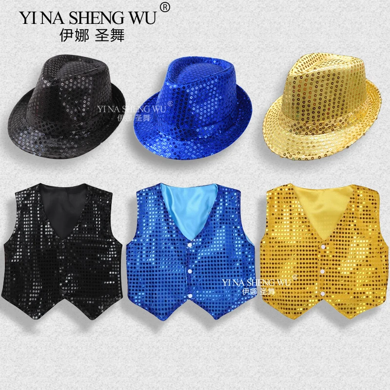 Jazz Dance Kostüm Pailletten Weste + Hut Set Kinder Jungen und Mädchen Hip Hop Street Dance Bühne Leistung Tragen Weste und Hut