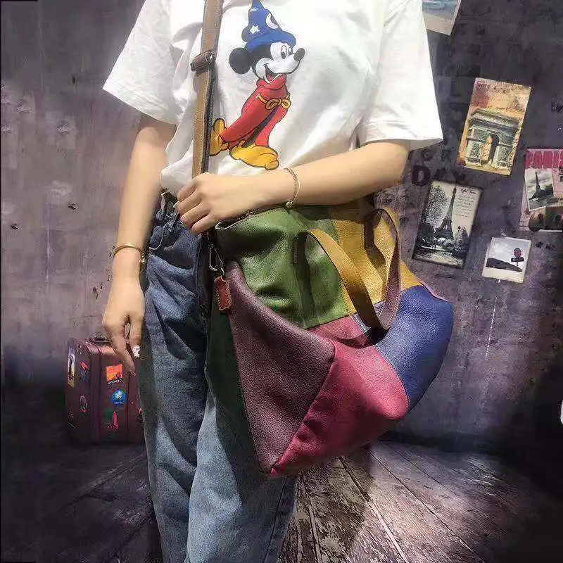 Oversized Cow Genuine Leather Patchwork Big Capacity Overnight Weekender Bag 2024 Women Designer Luxury Slouchy Crossbody Bag