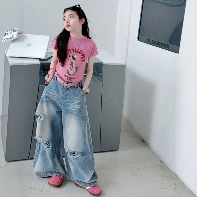 Girls High Fashion Ripped Jeans Street Style Kids Broken Holes Denim Pants Tweens Child Destroyed Retro Trousers for Ages 4-15