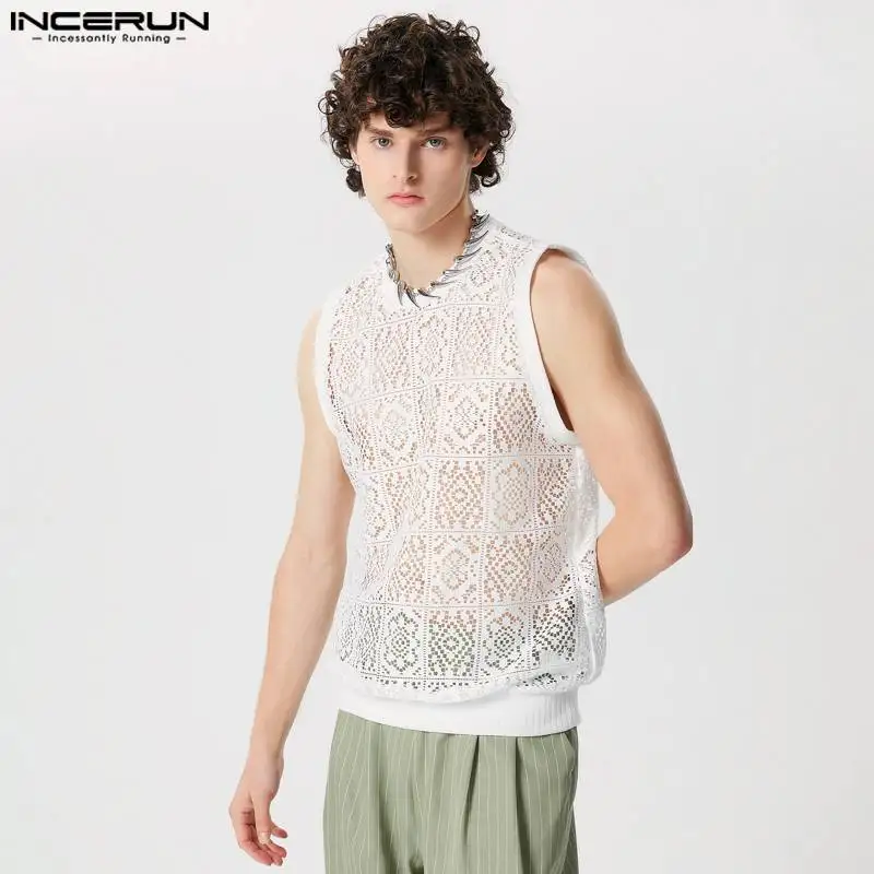 Fashion Well Fitting Tops INCERUN New Men\'s Tracery Perspective Design Vests Casual Sexy Thin Sleeveless O-neck Tank Tops S-5XL