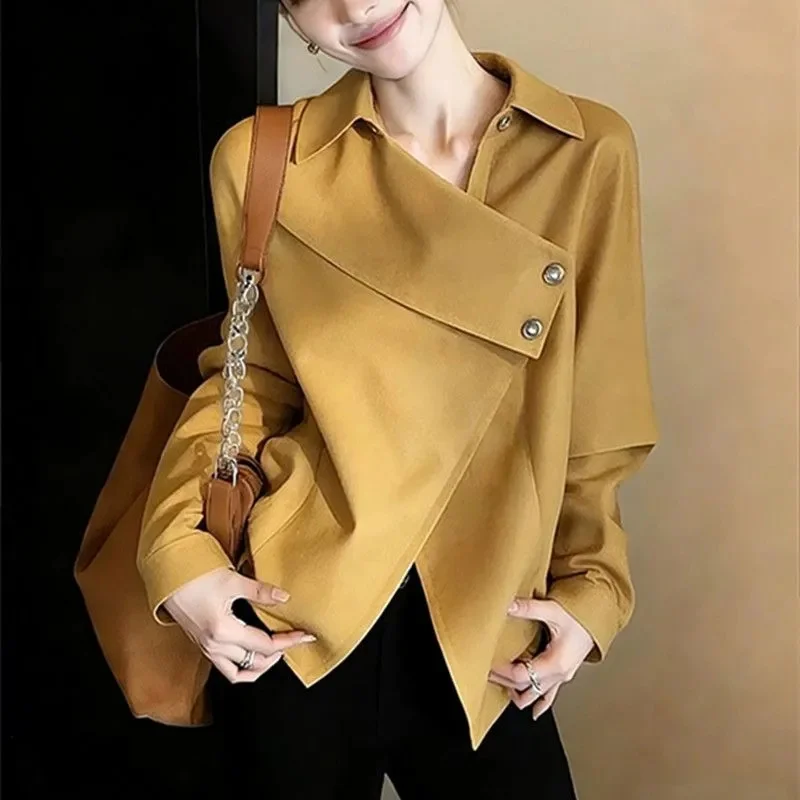 

Fashionable Yellow Irregular Shirt Women's Shirts Blouse 2026 Spring Autumn Beautiful Top Korean Women Receive High Praise