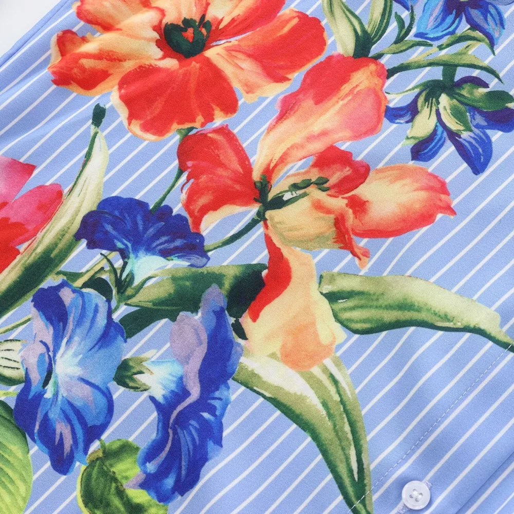 เสื้อทรงหลวมของผู้หญิงมีปกแขนยาวติดกระดุมลายดอกไม้พิมพ์ลายฤดูใบไม้ผลิและฤดูร้อนเสื้อแฟชั่นใหม่