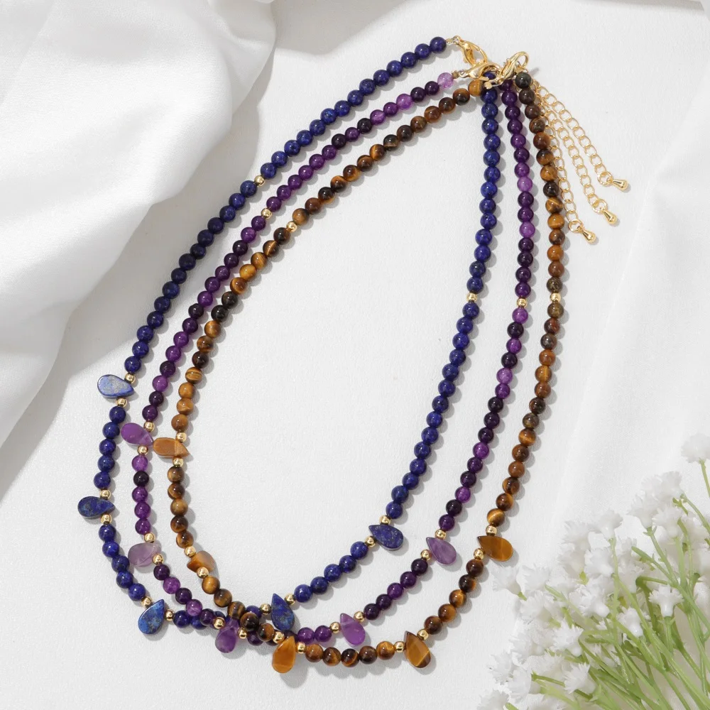 الحجر الطبيعي 4 مللي متر الخرز المستديرة قلادة قطرة الماء سحر القلائد للنساء الزبرجد الجمشت اللابرادوريت قلادة مجوهرات #3