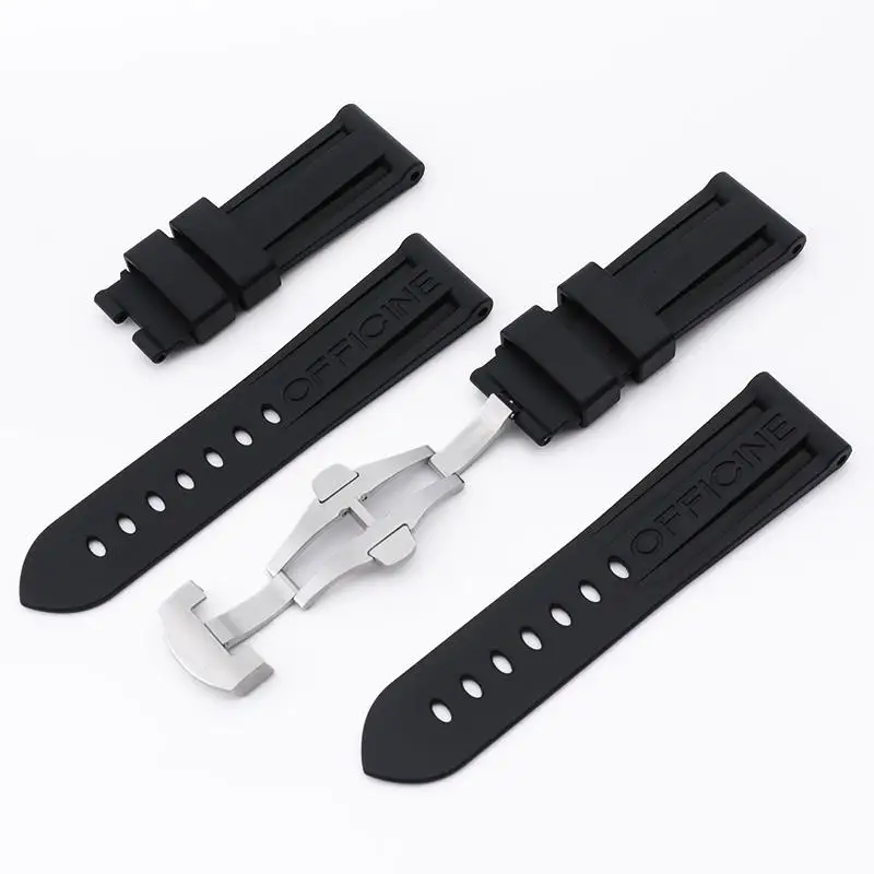 MAISITU 24mm Black Top Grade Quality Soft Fluoro Rubber Watch Band Folding Buckle For Panerai Strap PAM441/111 Wristband For