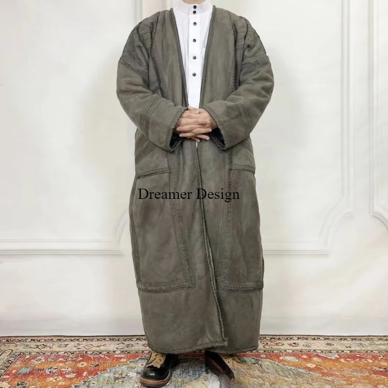 الشتاء سميكة الجلد المدبوغ المخملية الرجال رداء مسلم معطف السفينة معطف الصلاة سترة دافئة دون قبعة مع جيوب