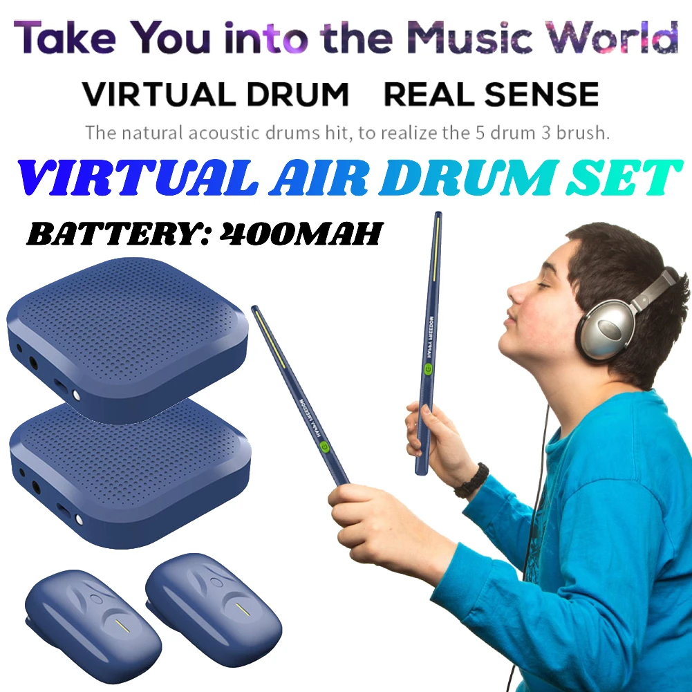 Electric Air Drumsticks Professional Air Drum Electronic Virtual Air Drum Drumsticks Pedals Pocket Drum Set for Adults Kids Gift