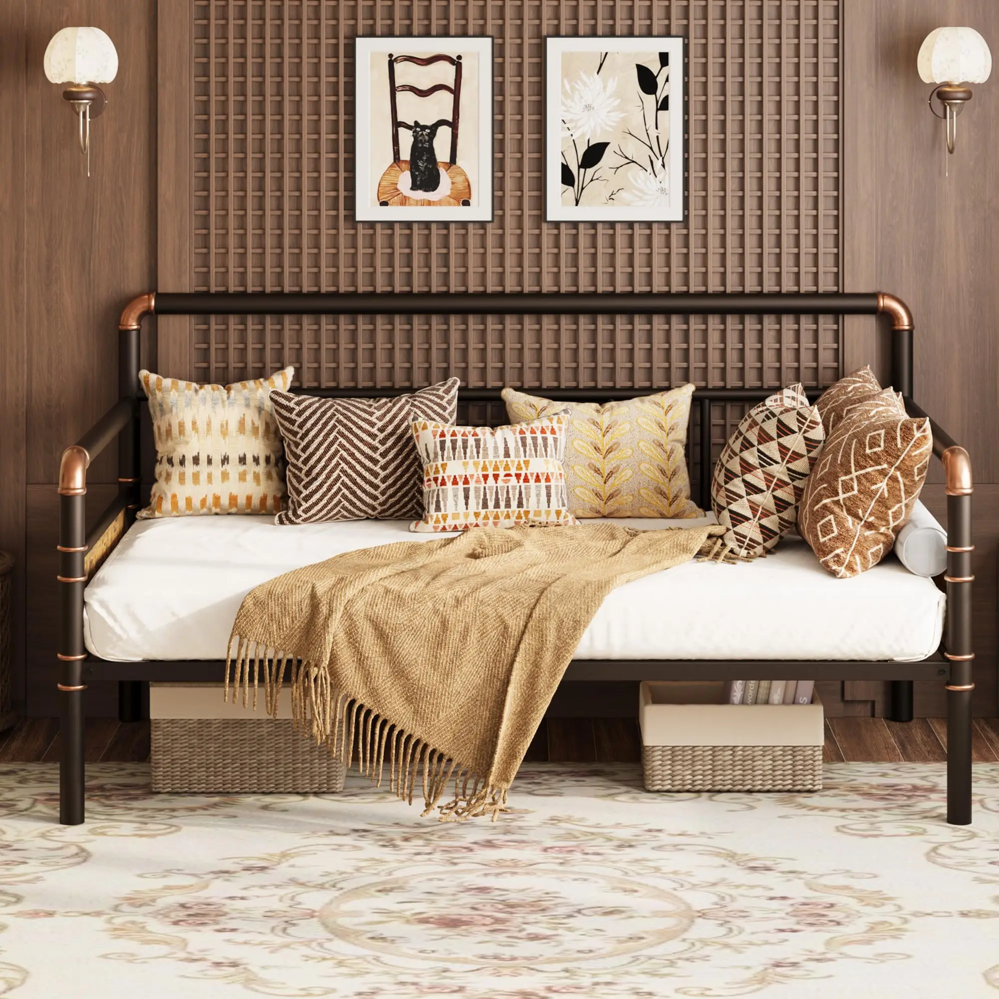 Heavy Duty Metal Twin Daybed Frame – Strong Steel Slats – Classic Headboard – Noise Free & Easy Assembly – Ideal for Bedroom, Living Room, Guest Room – No Box Spring Needed,Bronze-colored