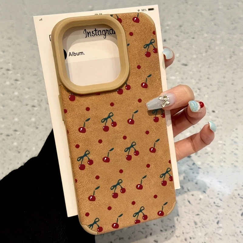 Full Screen Cherry Artificial Leather Veneer Suede Phone Case For iPhone 11 12 13 14 15 16 Pro Max XS X XR 16 15 Plus Back Cover