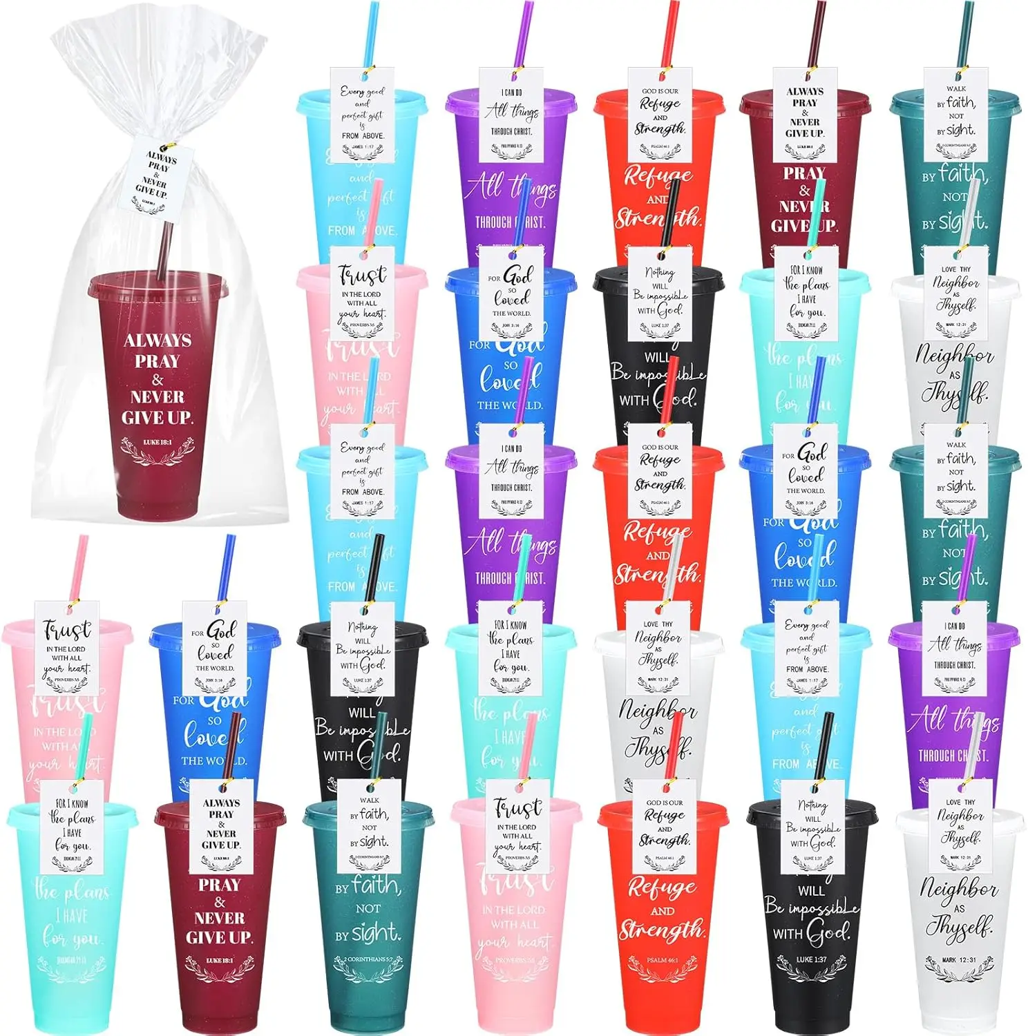 

40 Sets Christian Plastic Tumblers with Lids Straws Bulk 24oz Bible Verse Cups, Reusable Church Gift for VBS Sunday School