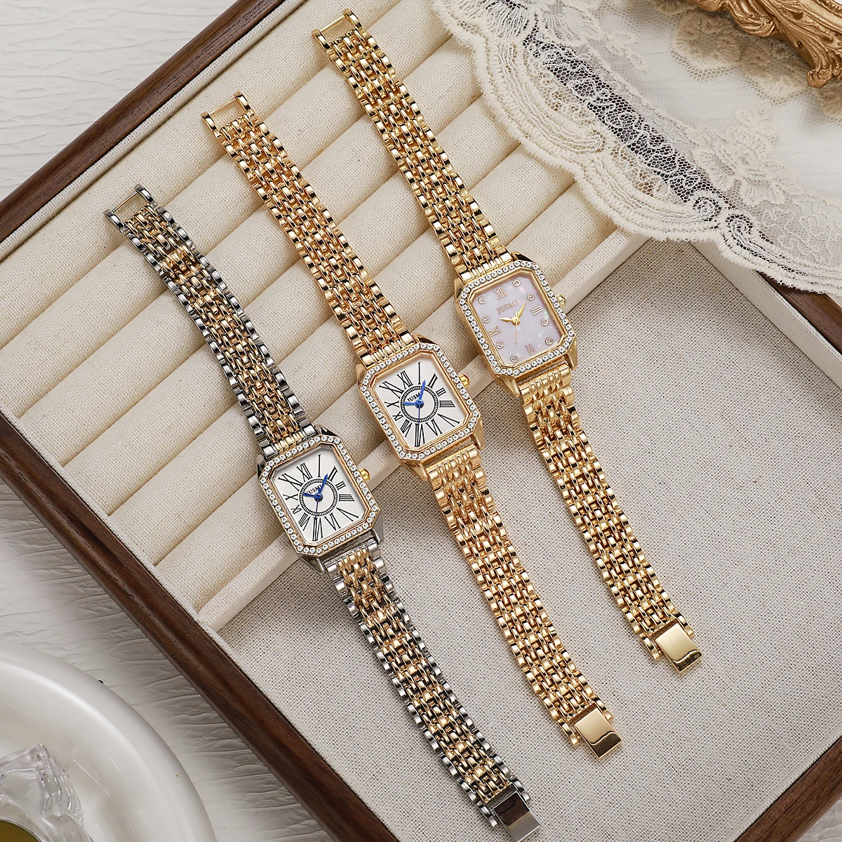 

Elegant Full Diamond Square Women's Watch, 3-Color Stainless Steel Band Wristwatch, Perfect Gift for Her, Ideal for Wedding & Da