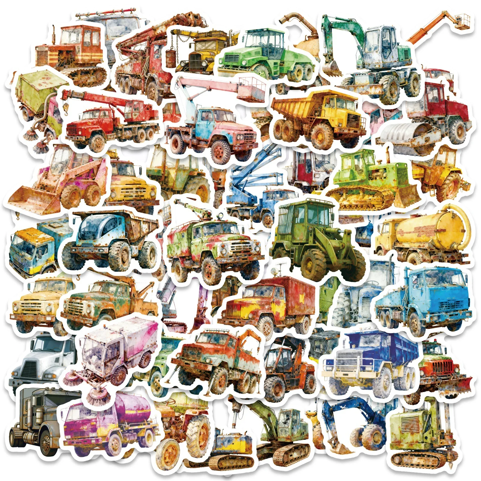 

56PCS Retro Watercolor Style Engineering Vehicle Graffiti Sticker Cartoon Fun Creative DIY Water Cup Stationery Box Guitar